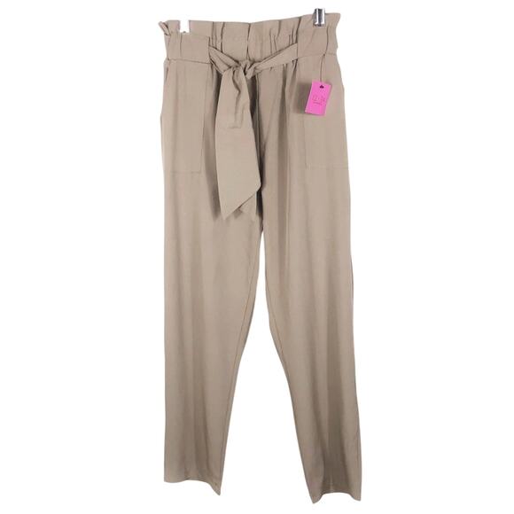 NWT Tan Belted Paperbag Pants Womens L Crop High Waisted Pleated Clean Girl - Picture 3 of 6